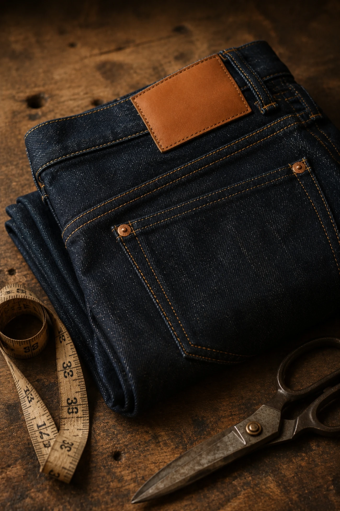 Bespoke jeans in Bangkok, custom indigo denim with copper rivets by Om Fashion