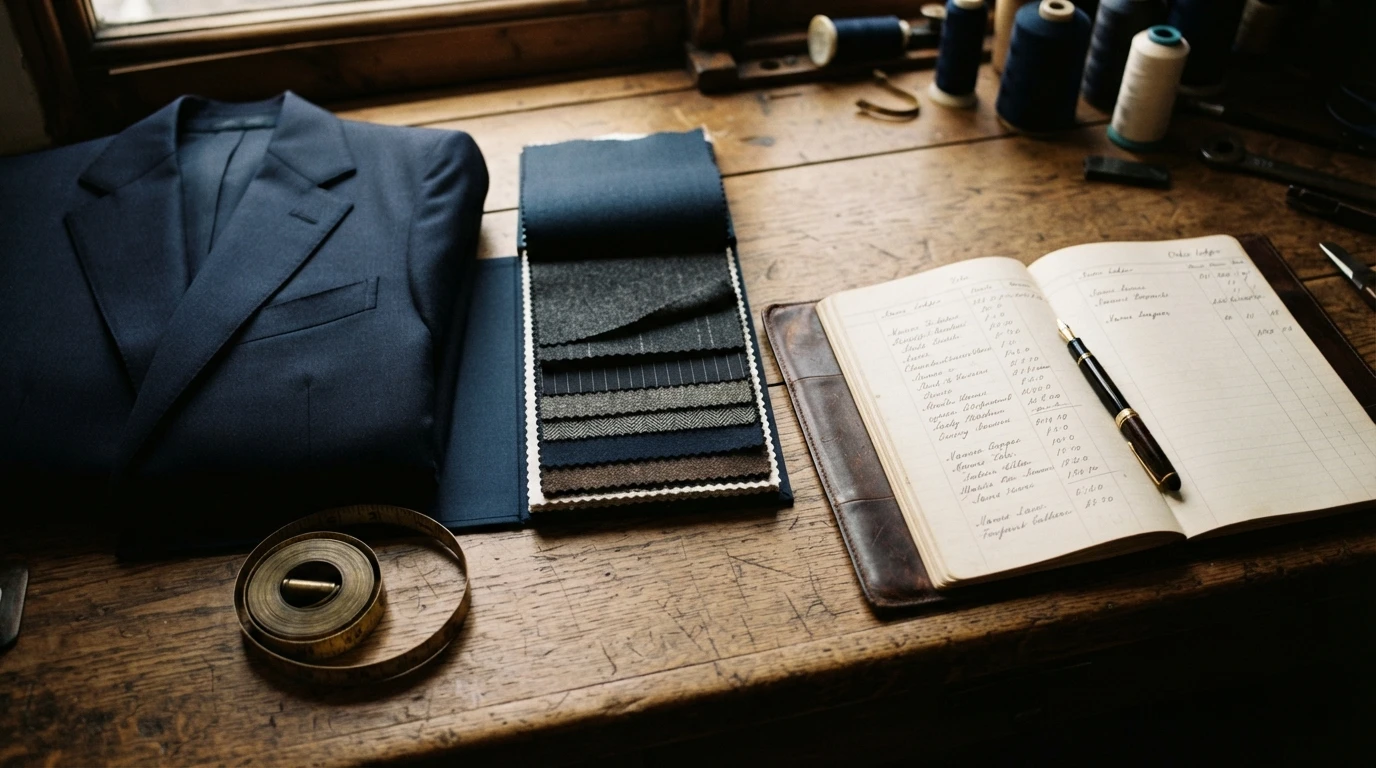 Fabric swatches and order book showing the bespoke suit price in Bangkok at Om Fashion