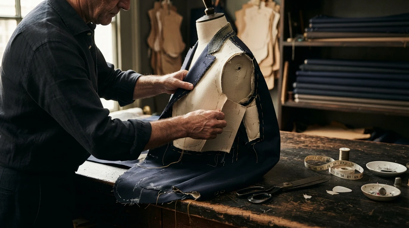 Half-finished navy jacket showing canvas construction, bespoke suits in Bangkok at Om Fashion