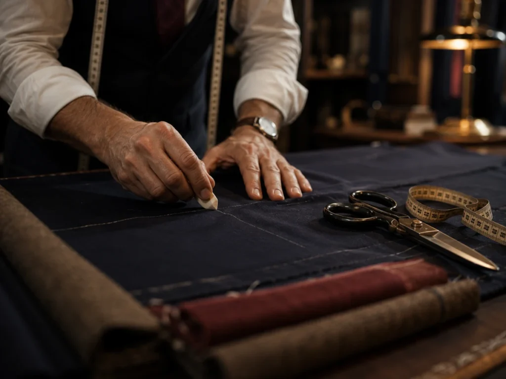 Master tailor marking navy wool suiting fabric at Om Fashion bespoke tailor in Bangkok