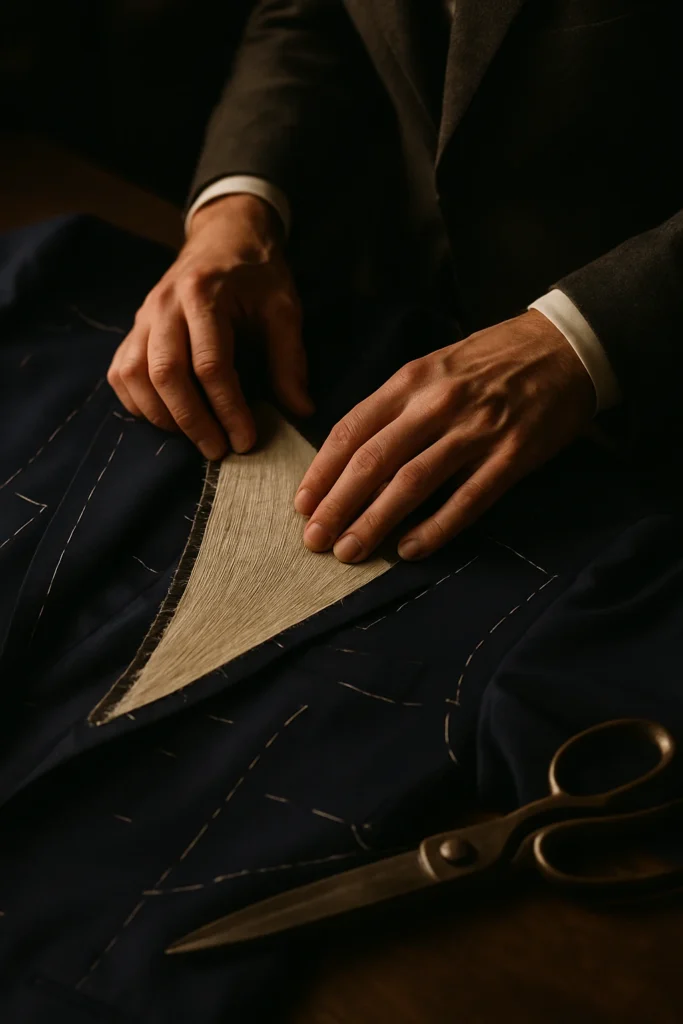 Canvas chest piece being set into a bespoke suit jacket at Om Fashion Bangkok