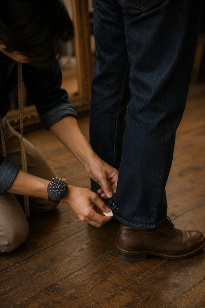 Tailor pinning custom denim during a jeans fitting in Bangkok