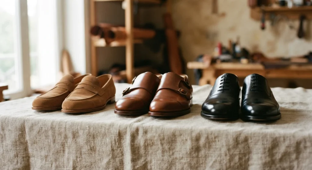 Custom loafers and dress shoes in tan and oxblood leather at a Bangkok shoemaker
