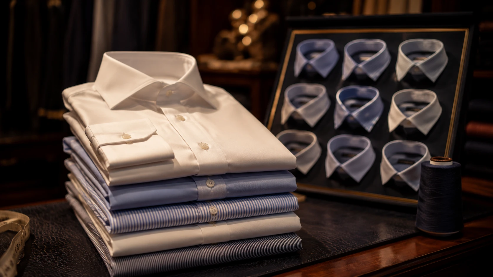 Folded tailored shirts and collar samples, custom shirts in Bangkok at Om Fashion