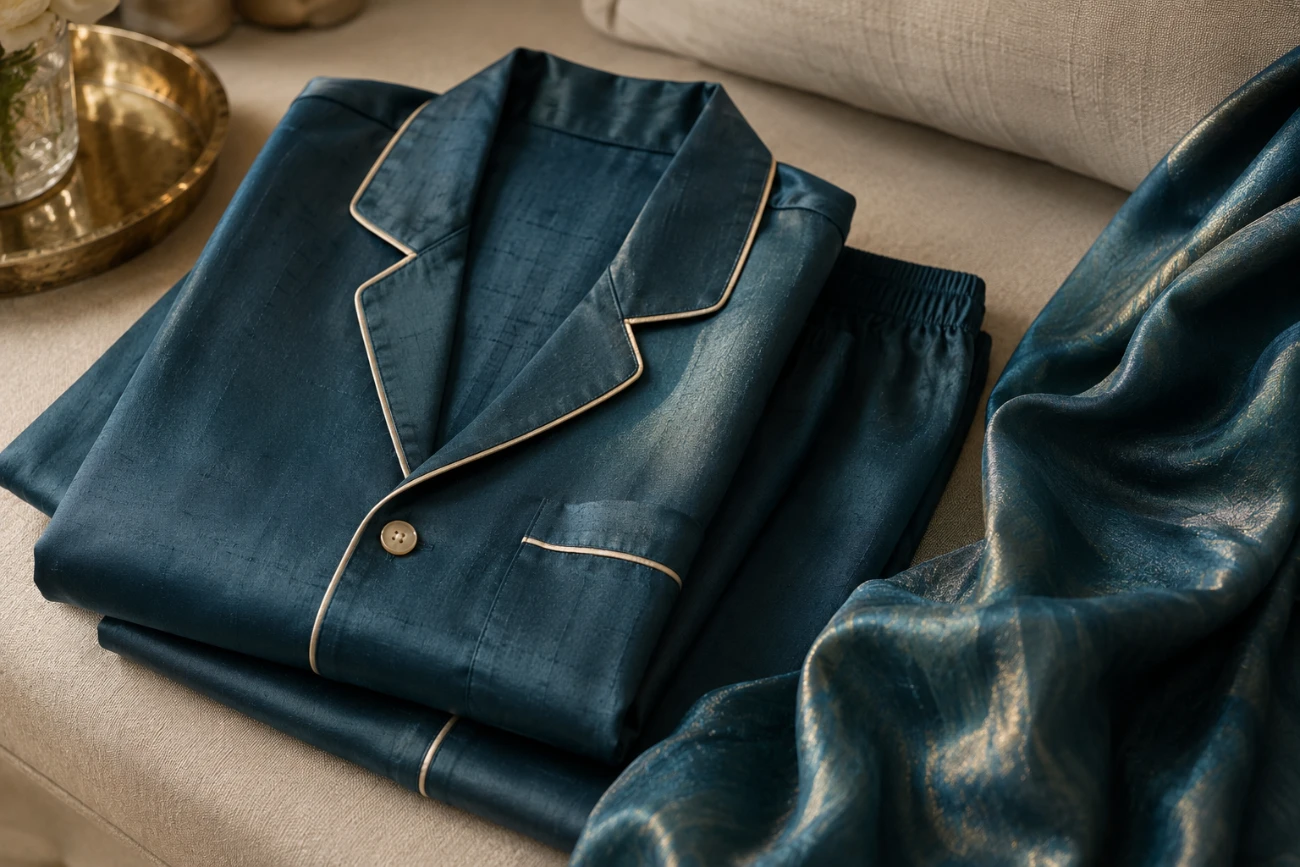 Custom silk pajamas in Bangkok, a folded Thai silk pajama set by Om Fashion