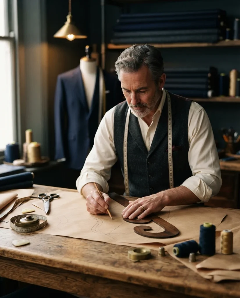 Tailor drafting a paper suit pattern by hand at Om Fashion in Bang Rak