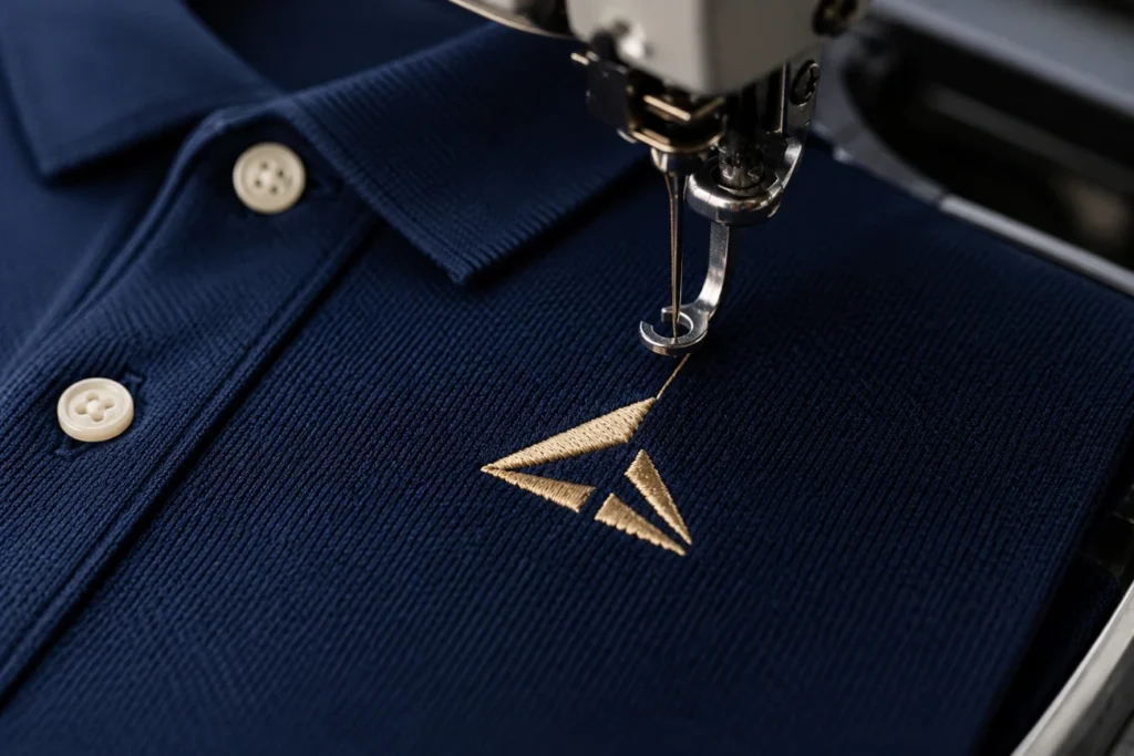 Embroidered detail on a custom corporate polo shirt made in Bangkok