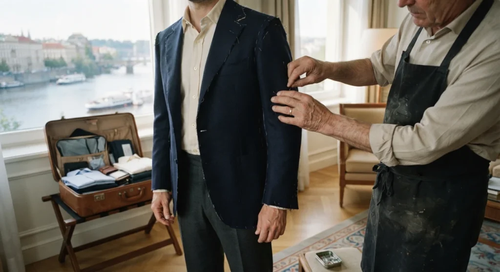 Express suit fitting at a Bangkok hotel room on the Chao Phraya riverside