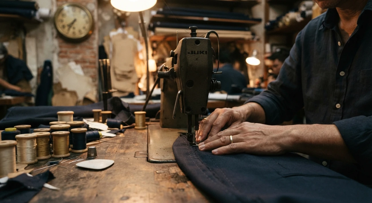 Express tailoring in Bangkok, a tailor finishing a navy suit at Om Fashion
