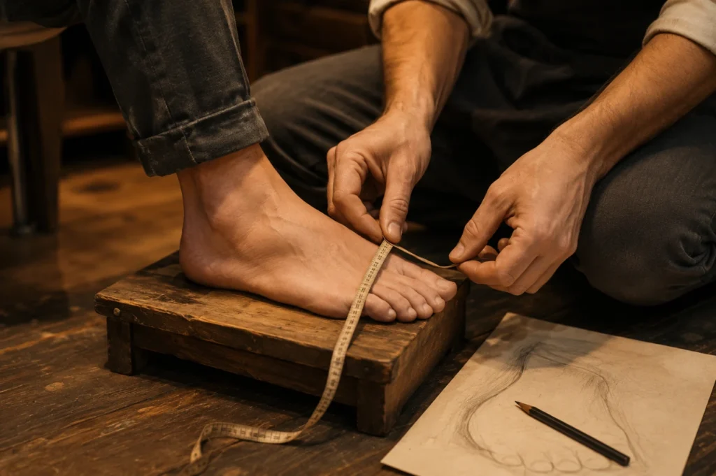Shoemaker measuring a client's foot for bespoke shoes in Bangkok