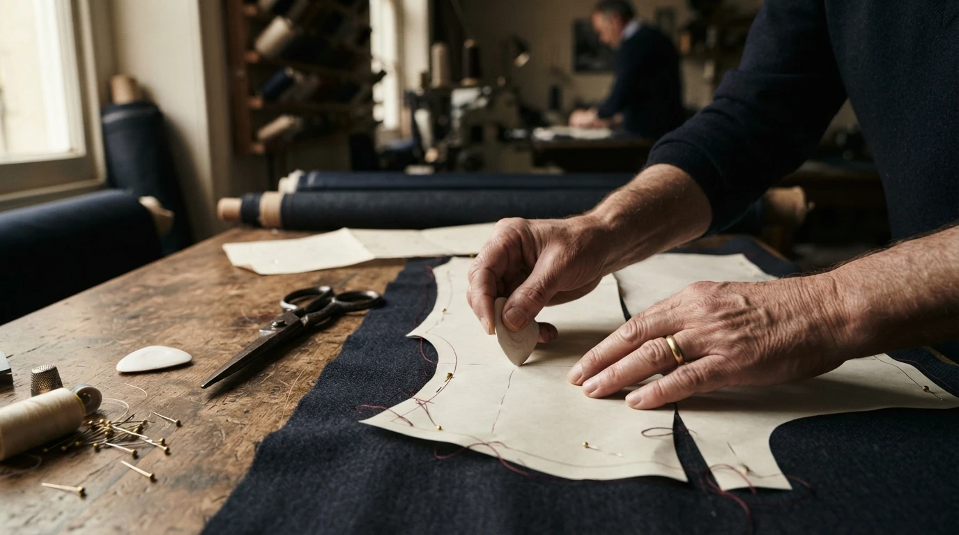 Paper pattern and shears on wool cloth showing how bespoke suits are made at Om Fashion Bangkok