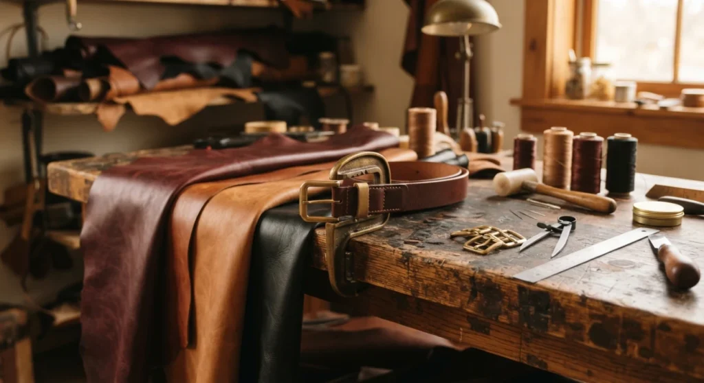 Leather hides and hand cut belts in a Bangkok leather workshop