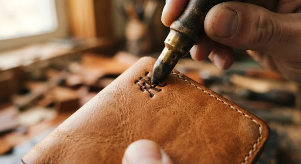 Blind embossed initials on a custom leather wallet made in Bangkok