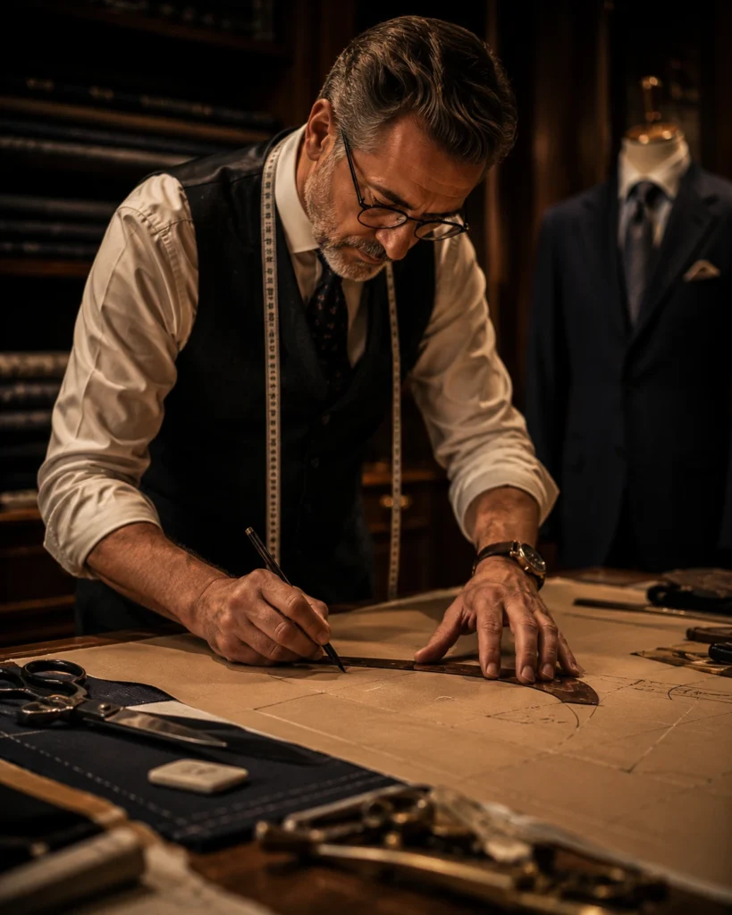 Om, master tailor in Bangkok, drafting a pattern at Om Fashion in Bang Rak