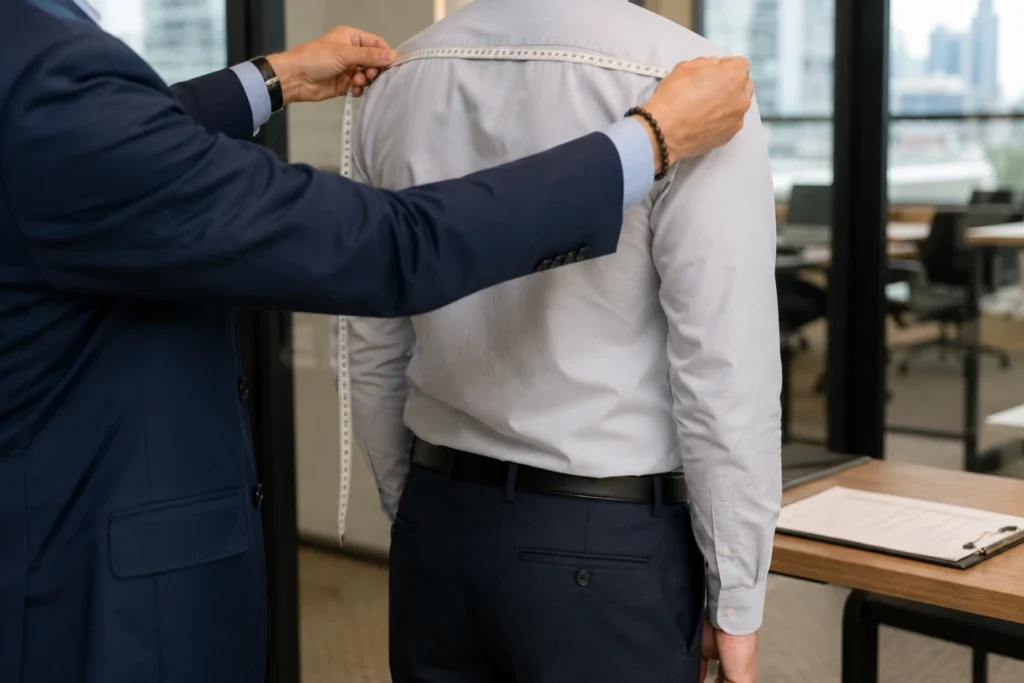 Tailor measuring office staff for corporate uniforms at a Bangkok workplace