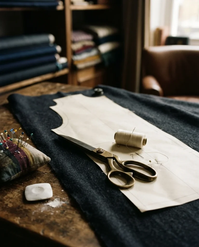 Paper pattern, shears, and basting thread on wool cloth at Om Fashion Bangkok