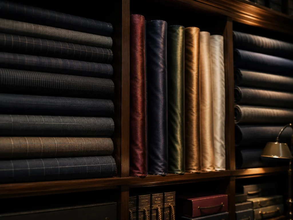 Premium wool, linen, and Thai silk fabric bolts at Om Fashion tailor in Bangkok