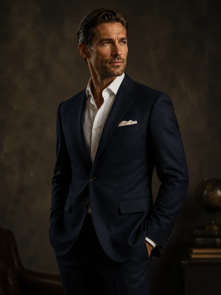 Man wearing a signature navy bespoke suit tailored at Om Fashion in Bangkok