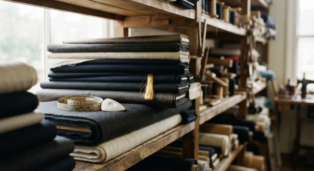 Rolls of in-stock tropical weight suiting fabric ready for express tailoring in Bangkok