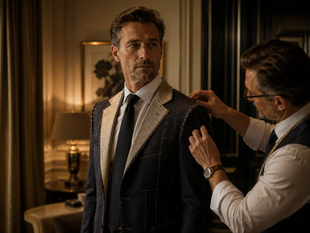 Tailor adjusting a jacket during an in-room hotel fitting on the Bangkok riverside
