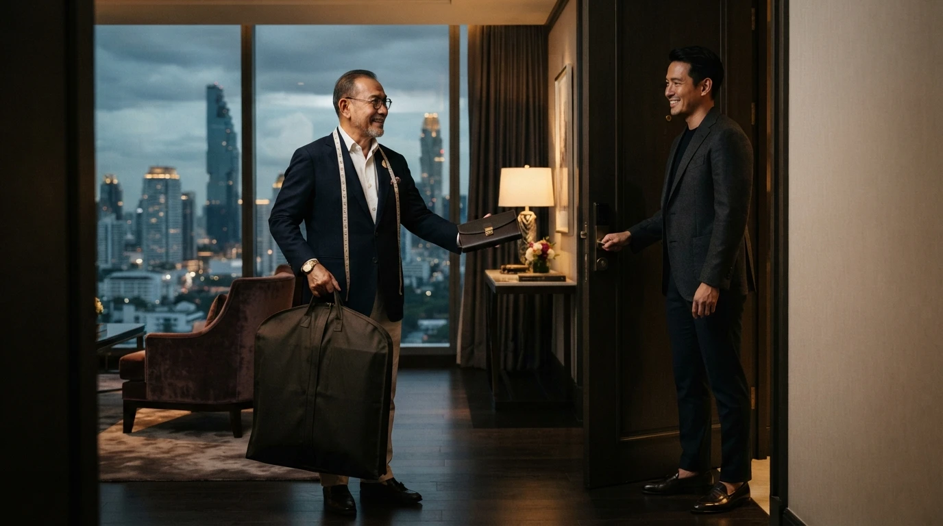Tailor arriving for an in-room fitting, free tailor hotel pickup in Bangkok by Om Fashion