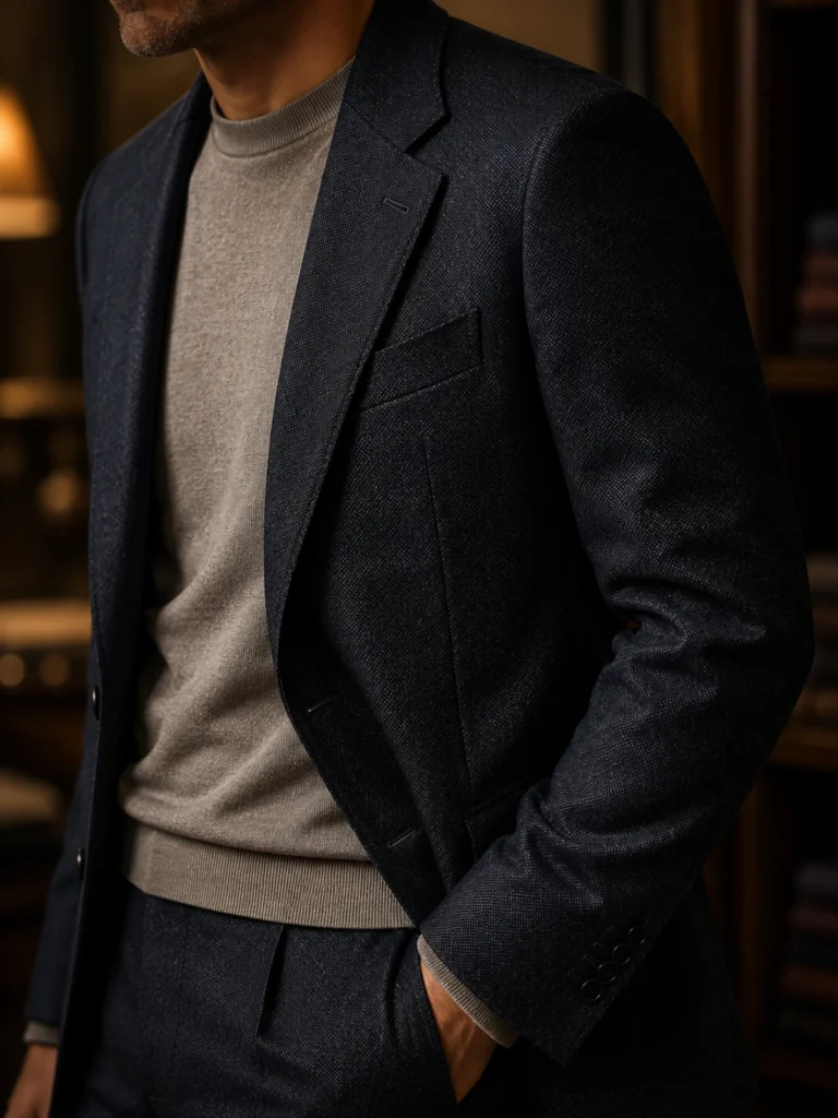 Detail of a tailored blazer lapel and stitching from Om Fashion bespoke tailor in Bangkok