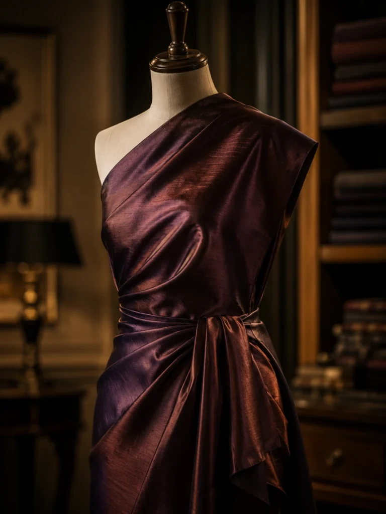 Genuine Thai silk garment showing iridescent sheen, custom made at Om Fashion Bangkok