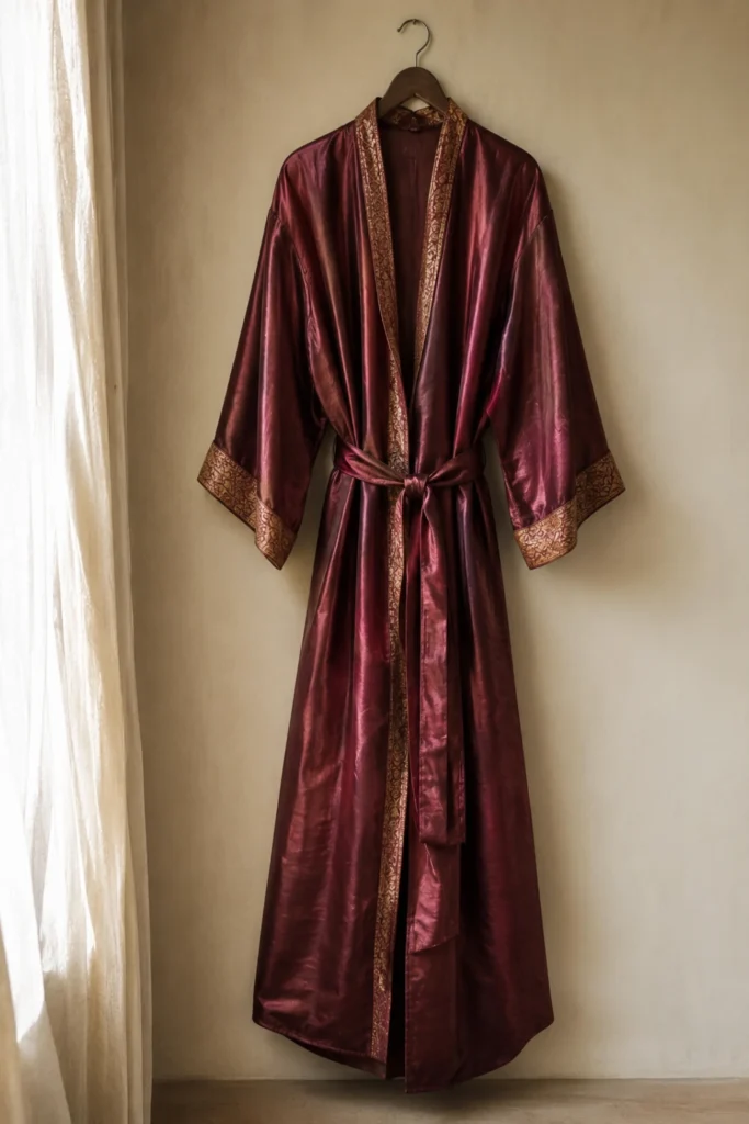 Thai silk kimono robe with tie belt hanging in a Bangkok tailor shop