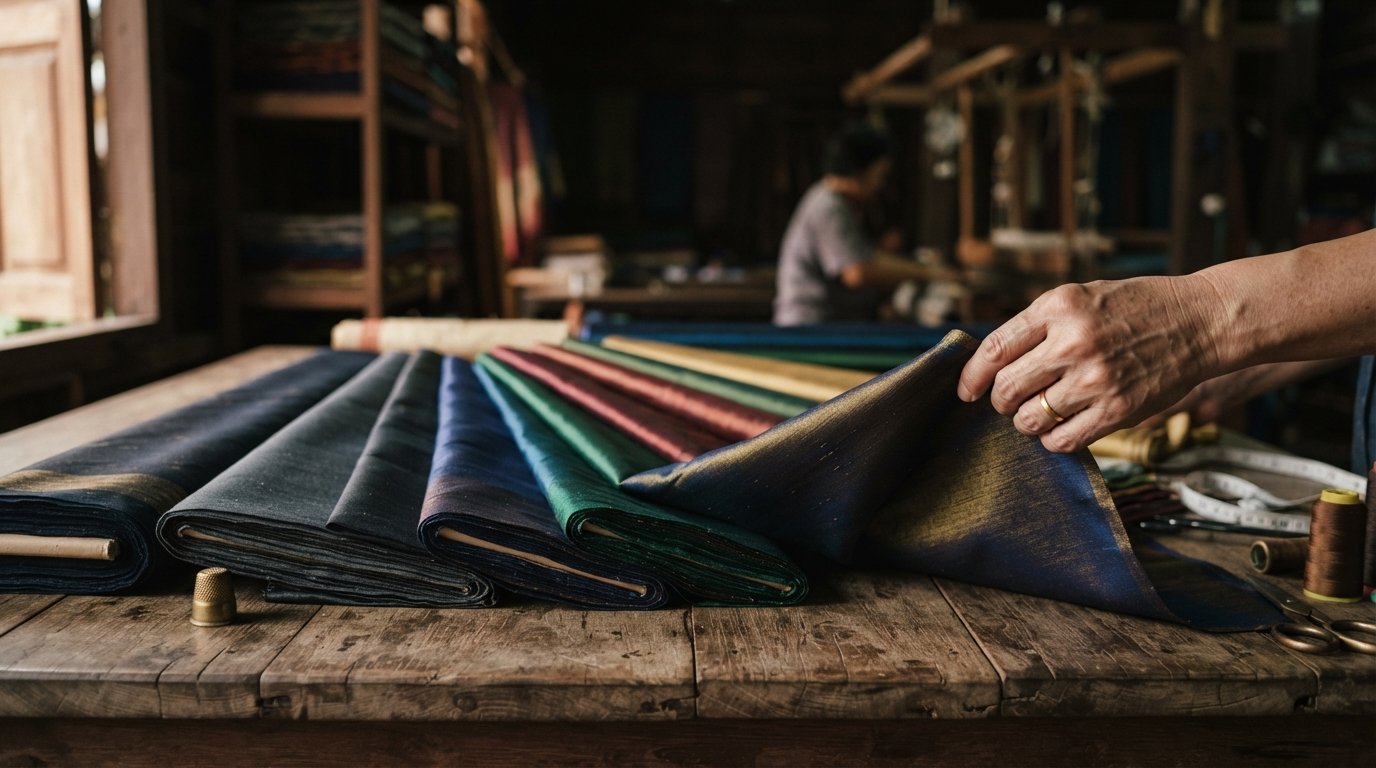 Genuine Thai silk bolts showing two-tone shimmer at Om Fashion, a Thai silk tailor in Bangkok