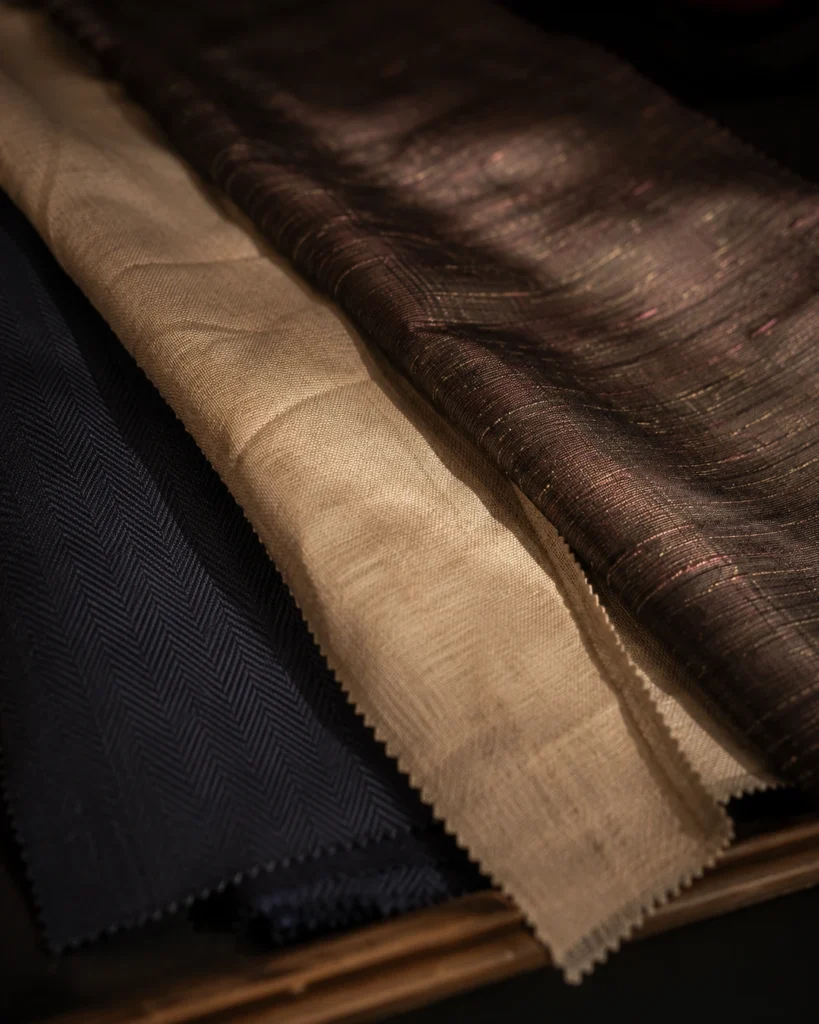 Tropical wool, linen, and Thai silk swatches compared at Om Fashion Bangkok