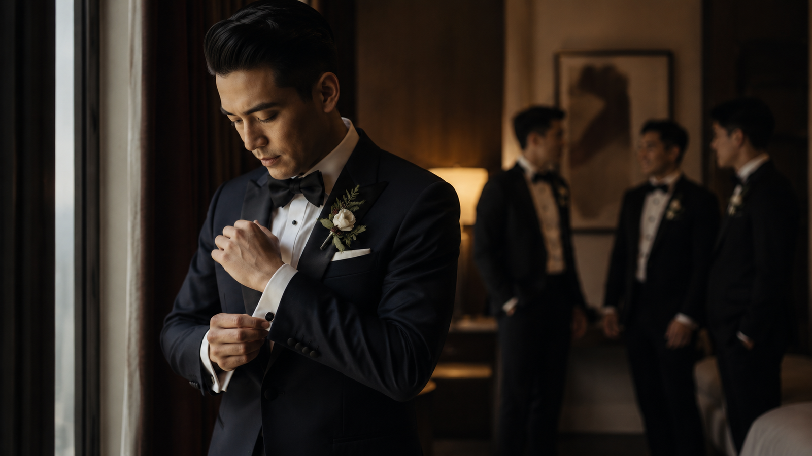 Groom in a tailored midnight blue tuxedo, wedding suit in Bangkok by Om Fashion