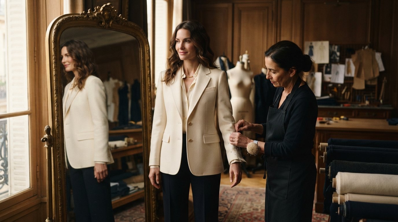 Fitting a tailored blazer at Om Fashion, a women's tailor in Bangkok