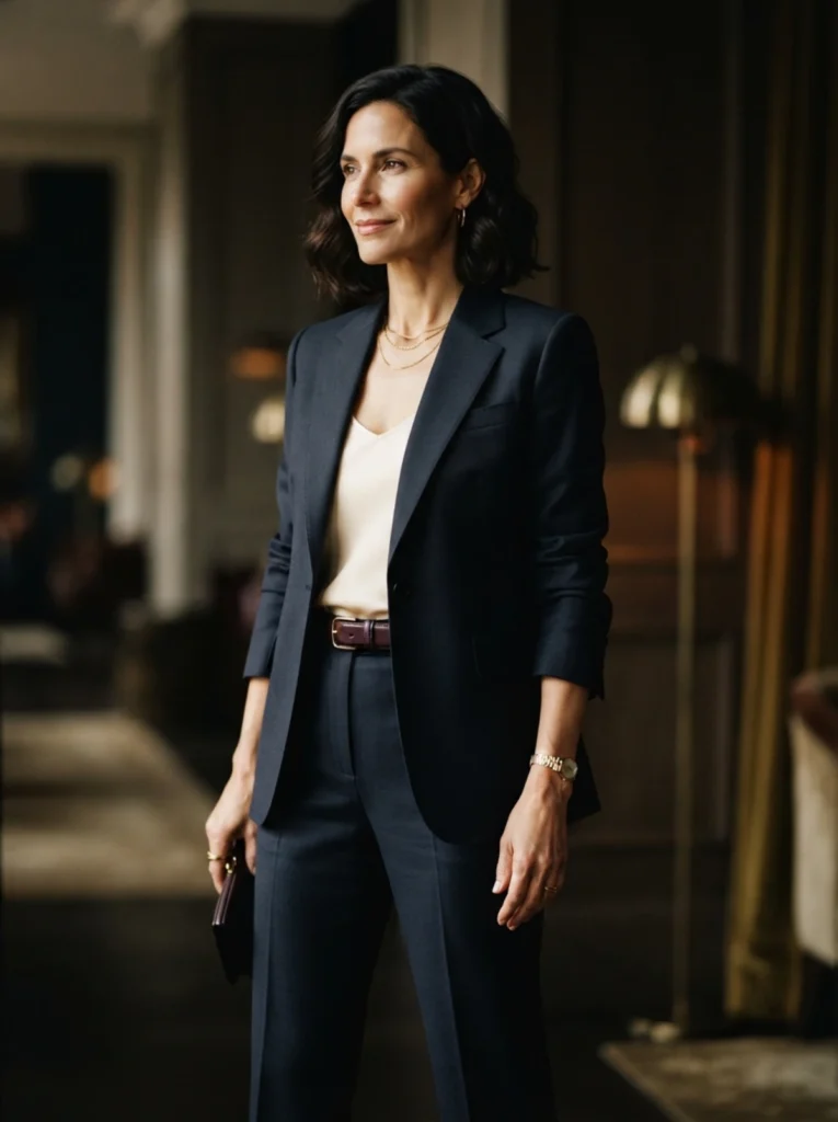 Woman in a custom tailored blazer and trousers from Om Fashion women's tailoring in Bangkok