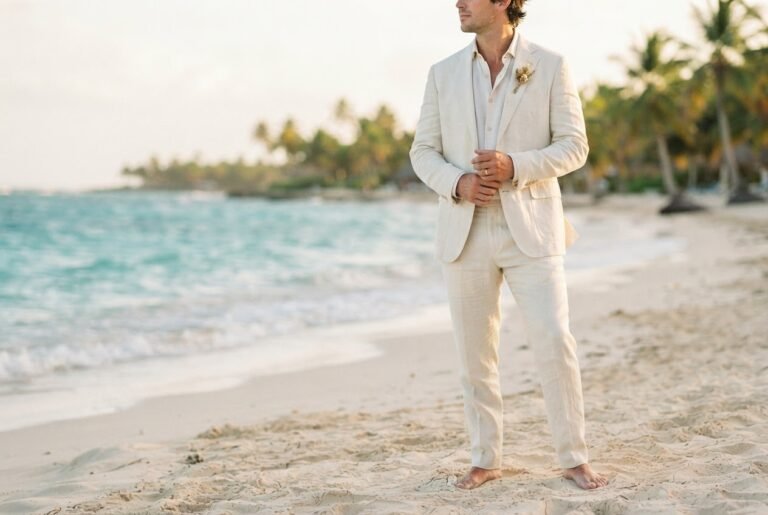 Beach wedding suit for men — groom in ivory linen suit on a tropical beach