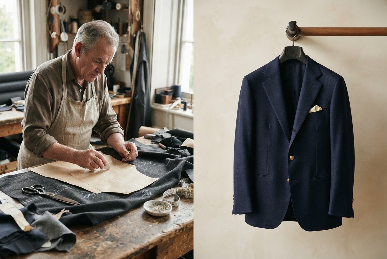 Bespoke vs made to measure — hand-cut pattern beside a finished bespoke jacket