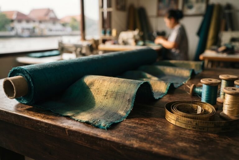 How to tell real Thai silk — genuine hand-woven Thai silk bolt on a tailor's table