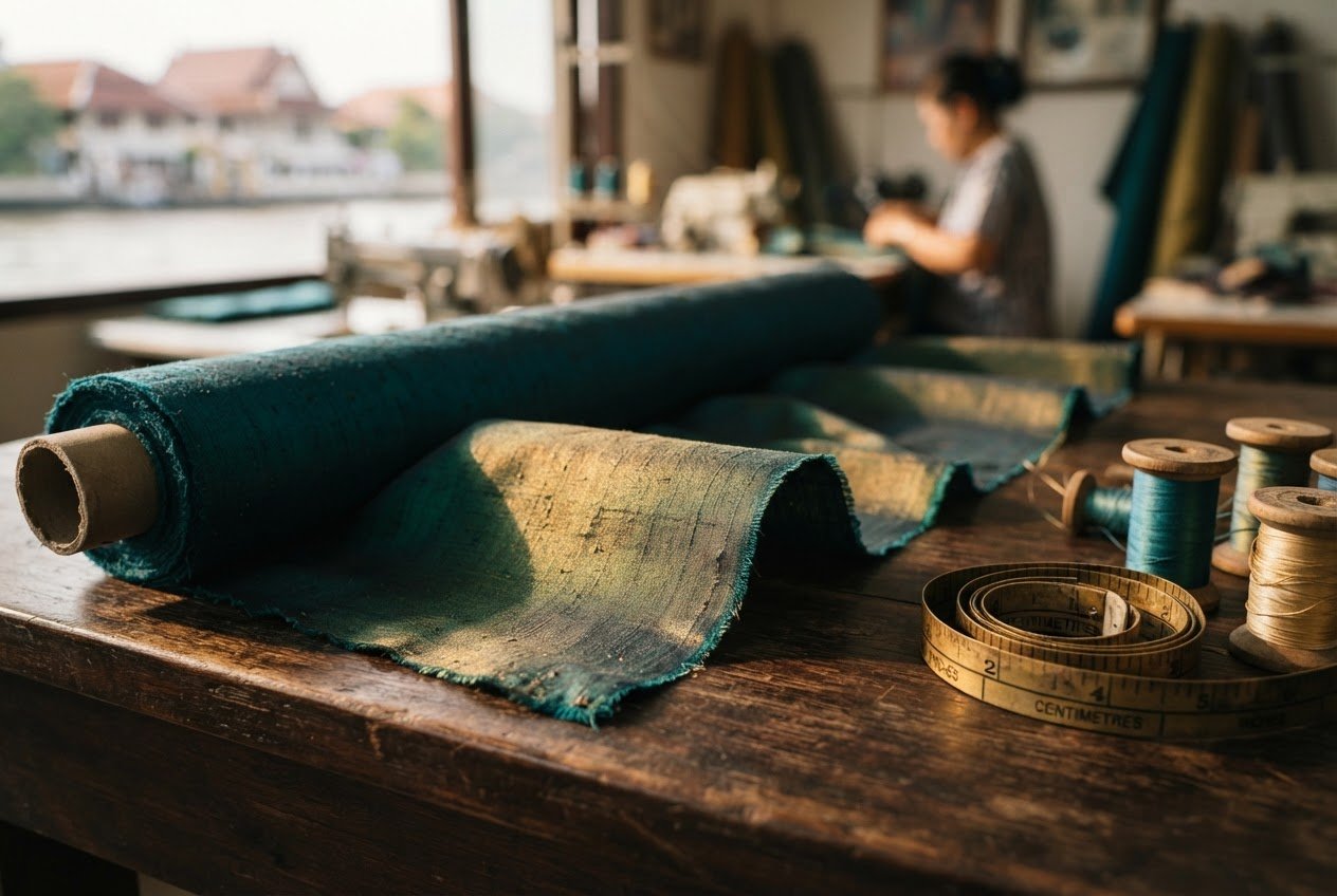 How to tell real Thai silk — genuine hand-woven Thai silk bolt on a tailor's table