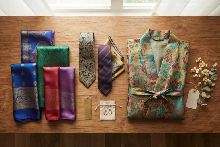 Thai silk gifts — a selection of Thai silk scarves, ties and a folded kimono in jewel tones