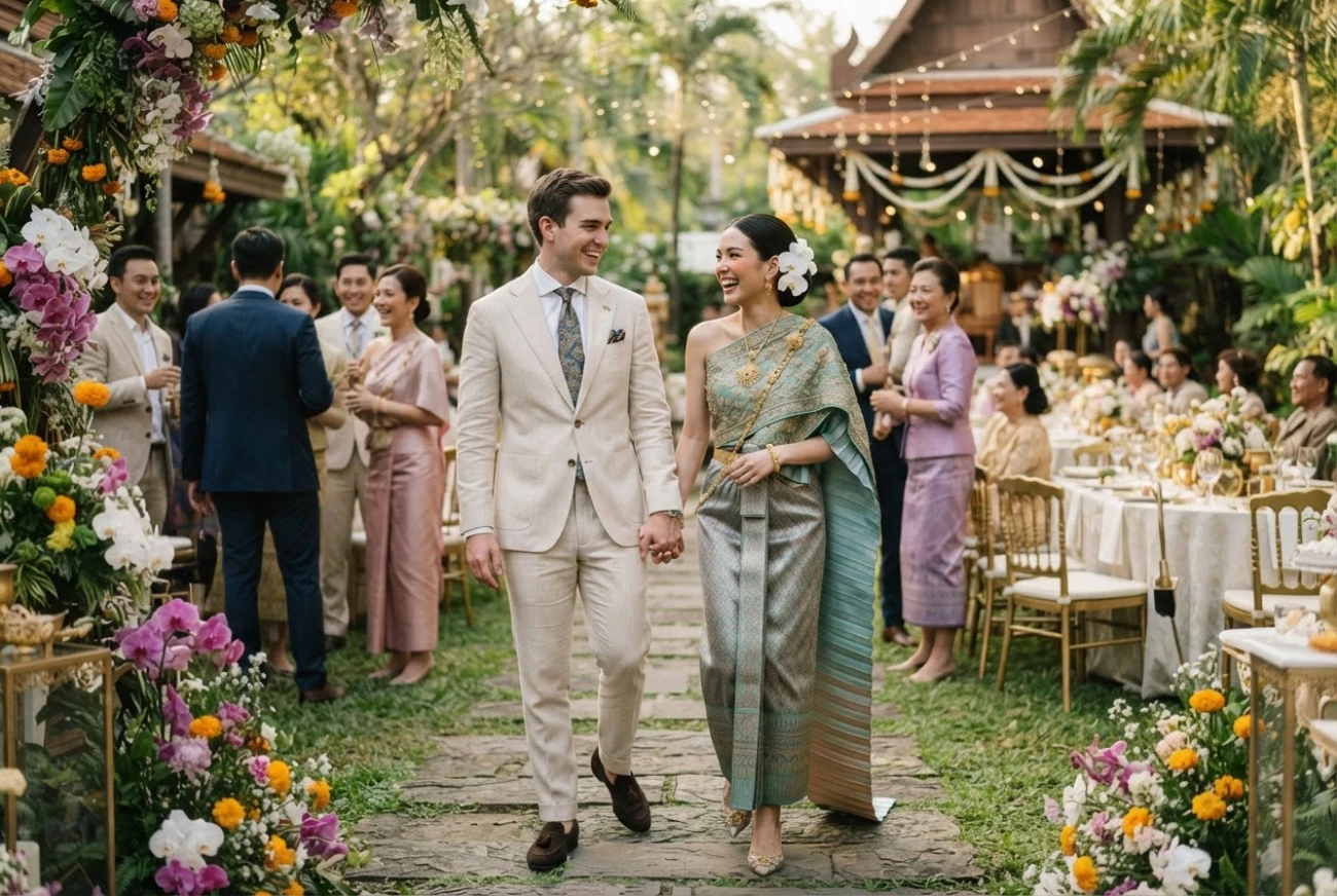 What to wear to a Thai wedding — elegantly dressed guests in silk and light suits at a Thai wedding