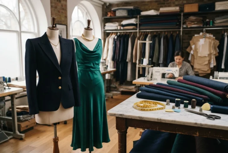 Women's bespoke tailoring Bangkok — a tailored women's blazer and silk dress on a fitting form in an atelier